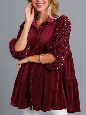 Umgee Burgundy Sequin Mini Dress Velvet Sz XL Womens
